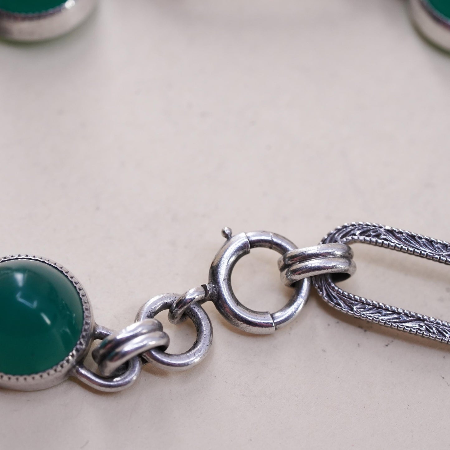 7.5”, vintage sterling 925 silver handmade textured long oval bracelet jade