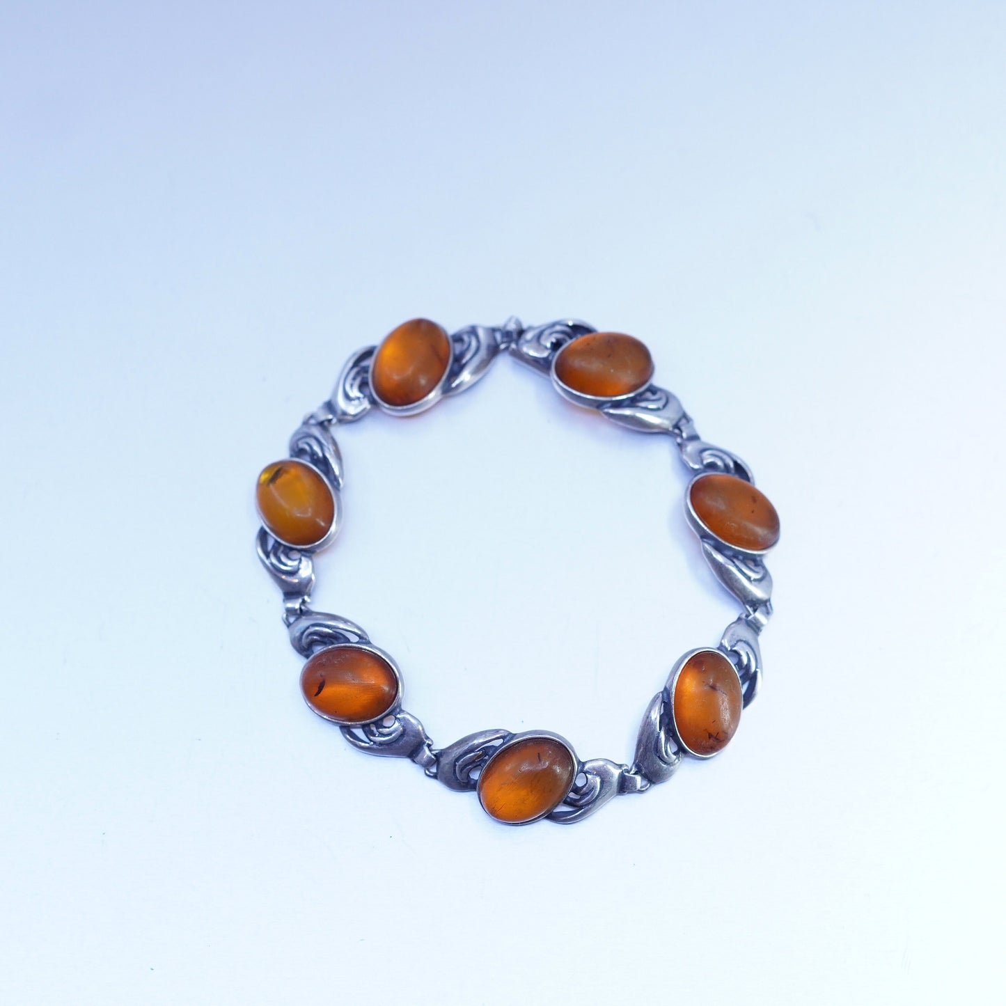 7.75”, Vintage Sterling 925 silver handmade tennis bracelet chain with amber