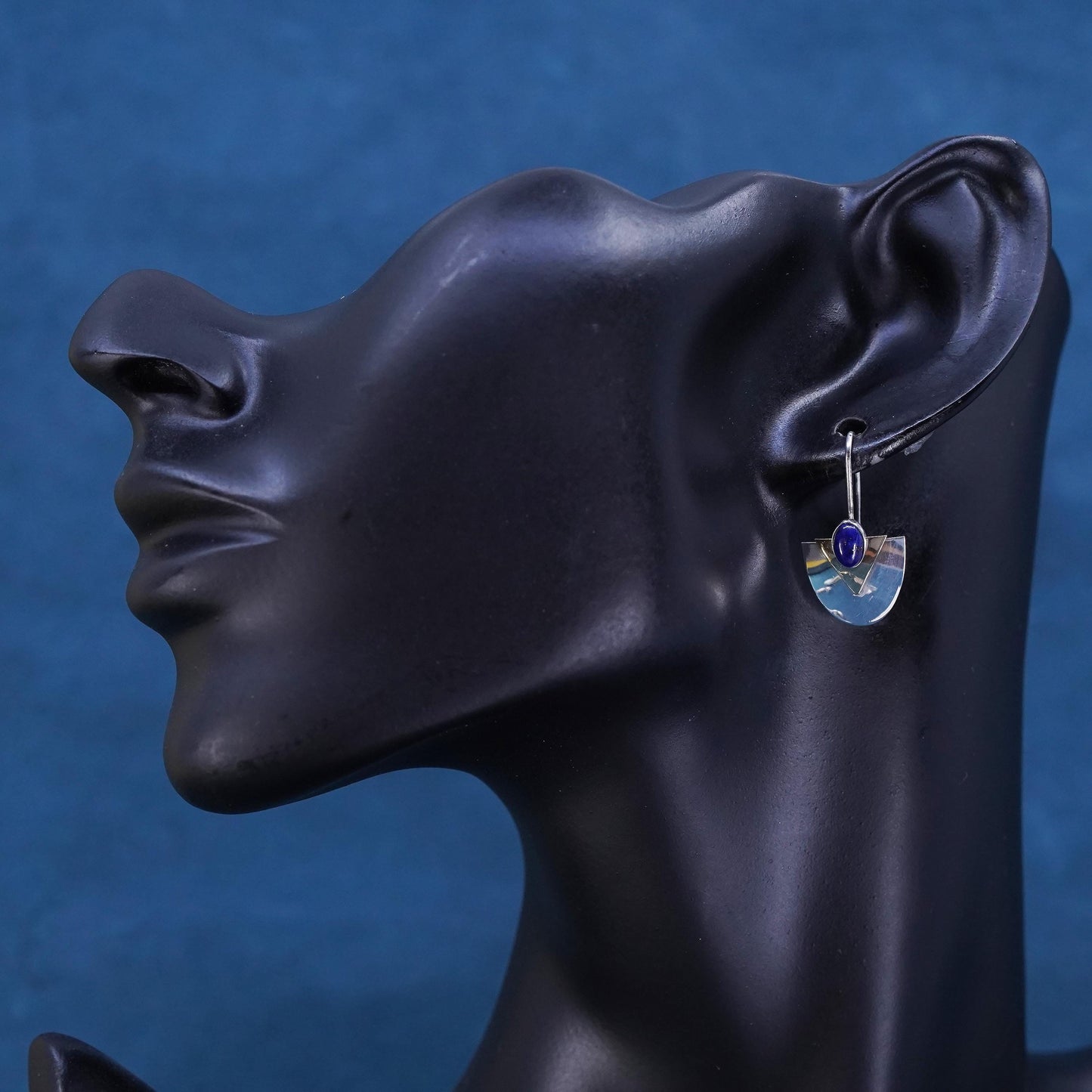 Vintage modern sterling silver earrings, 925 two tone discs with lapis lazuli