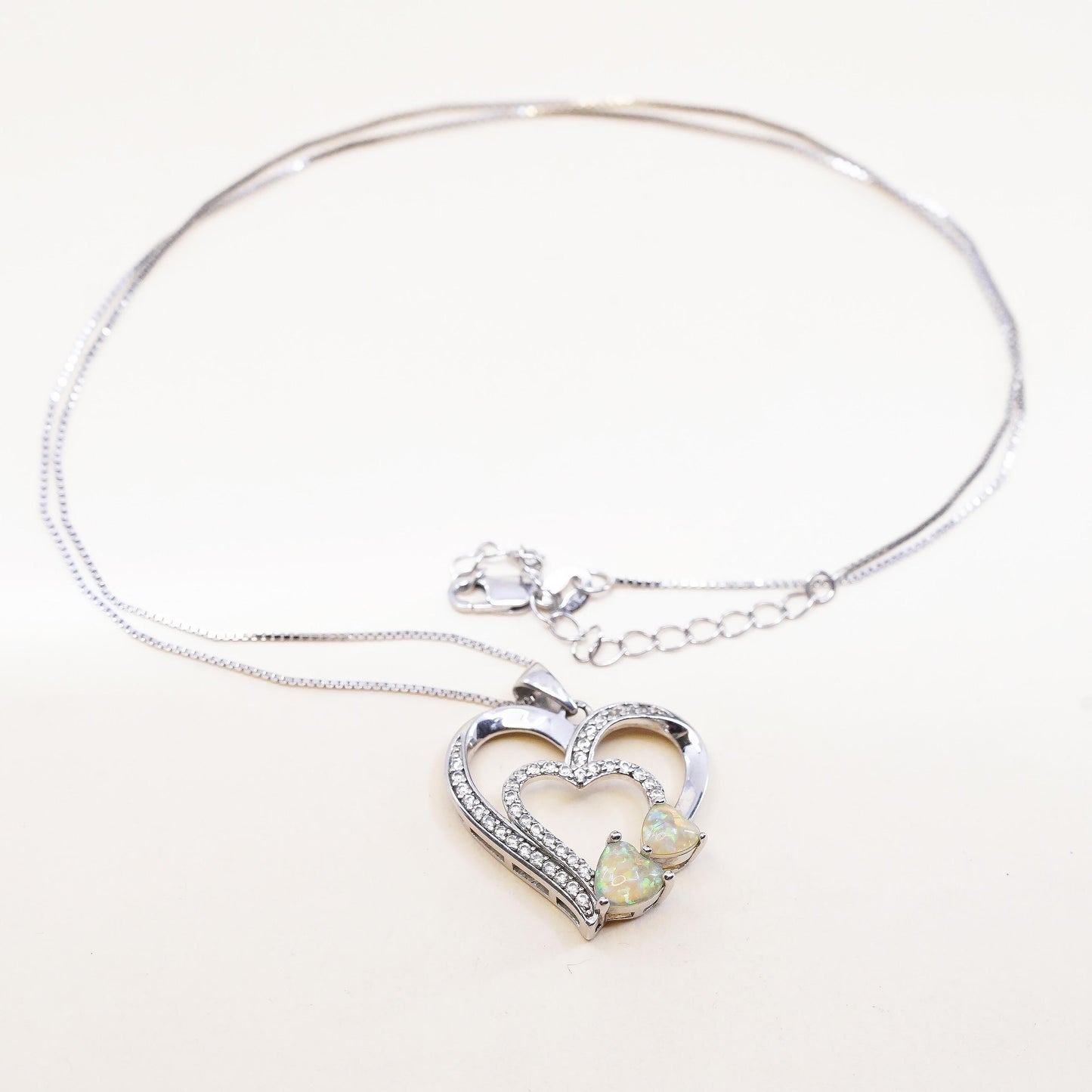 Opal Heart Necklace Sterling Silver 925 Double Heart White Topaz Pave Love