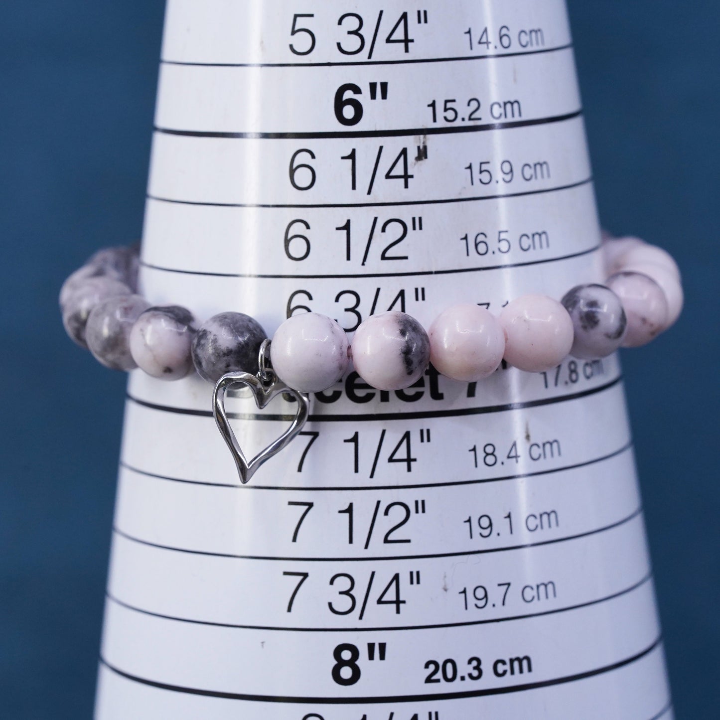 6.75”, handmade pink quartz beads Bracelet with sterling 925 silver heart charm