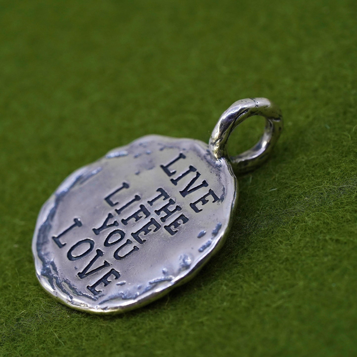 Sterling silver quote pendant, 925 lost wax casting circle "love life you live"