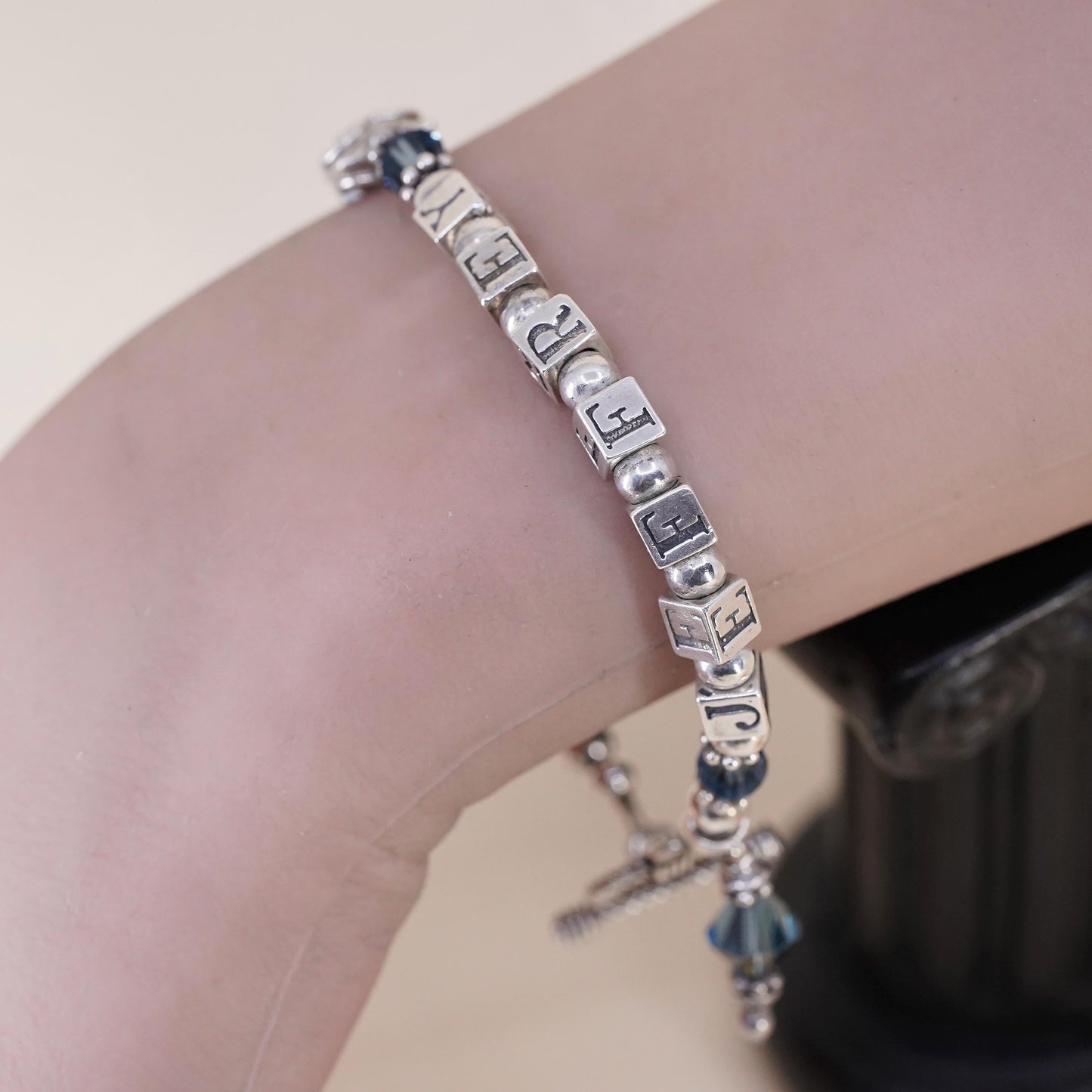7", Sterling 925 Silver beads bracelet name Bria Jeffery cubes toggle closure