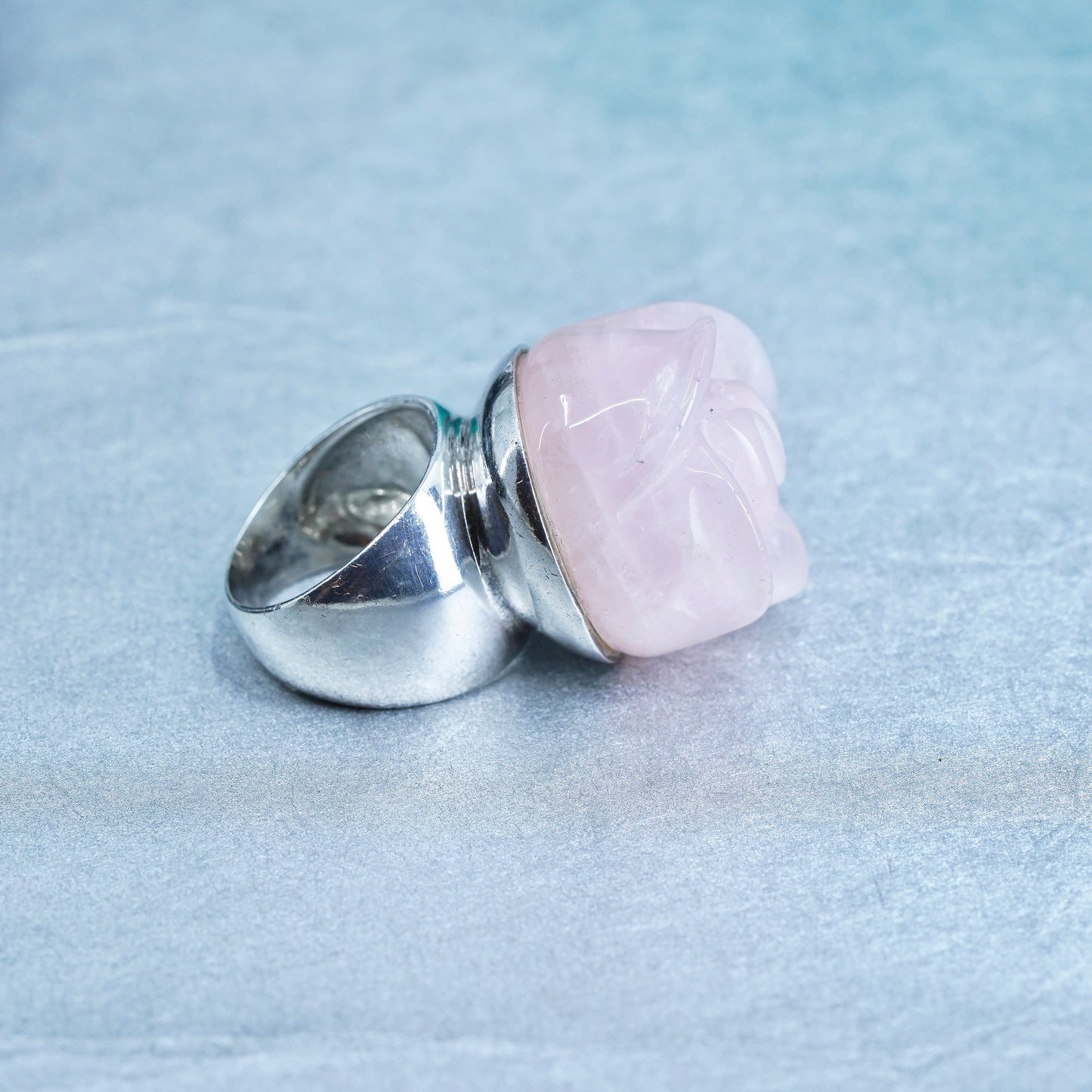 Size 7, Sterling 925 silver statement band ring with rose flower pink quartz