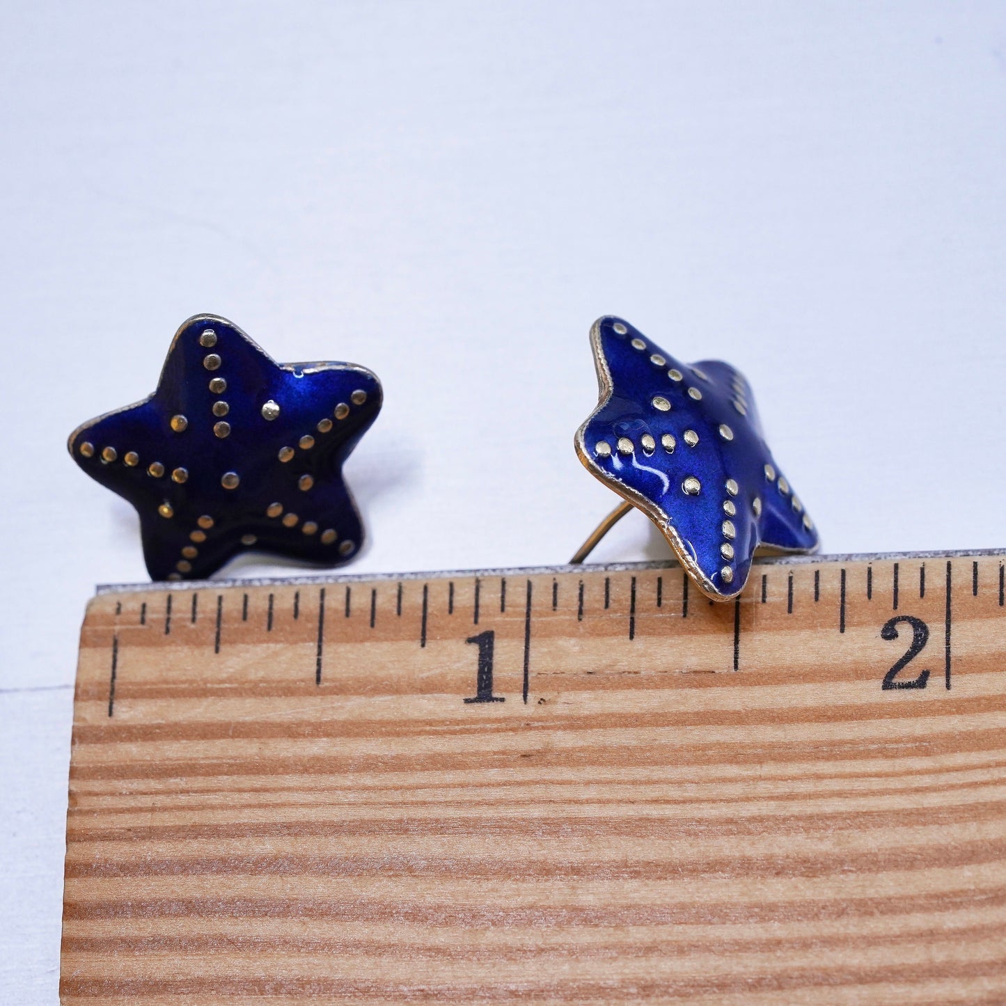 vermeil gold over Sterling silver handmade earrings, 925 star studs blue enamel