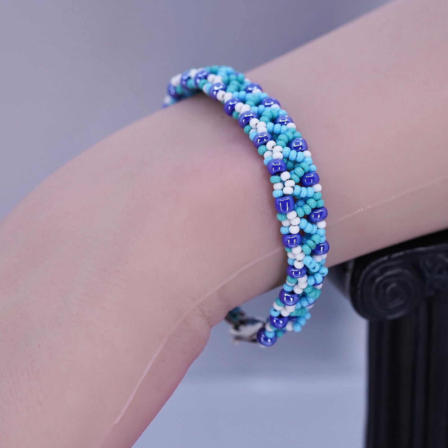 6.5”, vintage Sterling 925 silver bracelet with cluster blue crystal beads