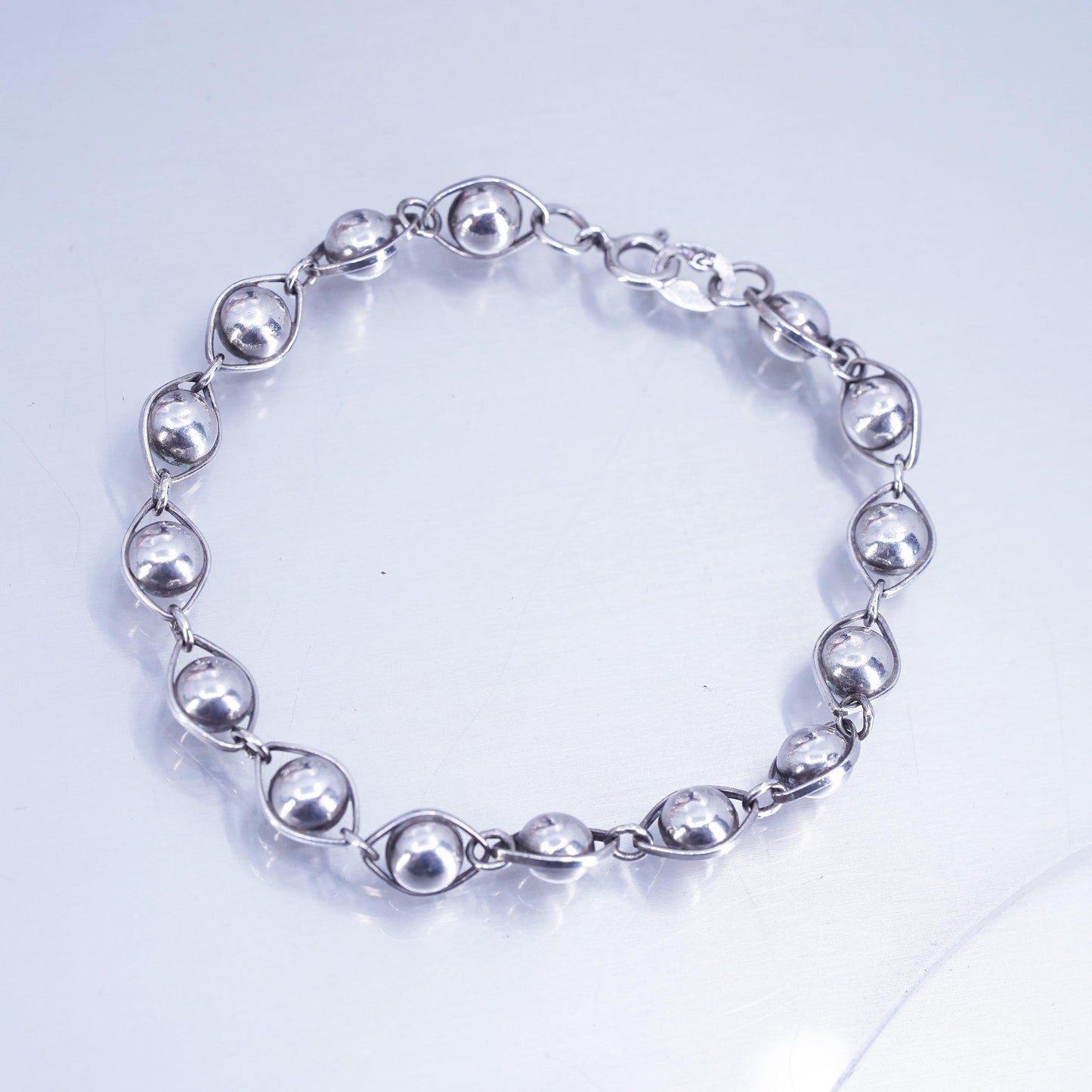 6.75”, Vintage Sterling 925 silver handmade bracelet, chain with 6mm beads
