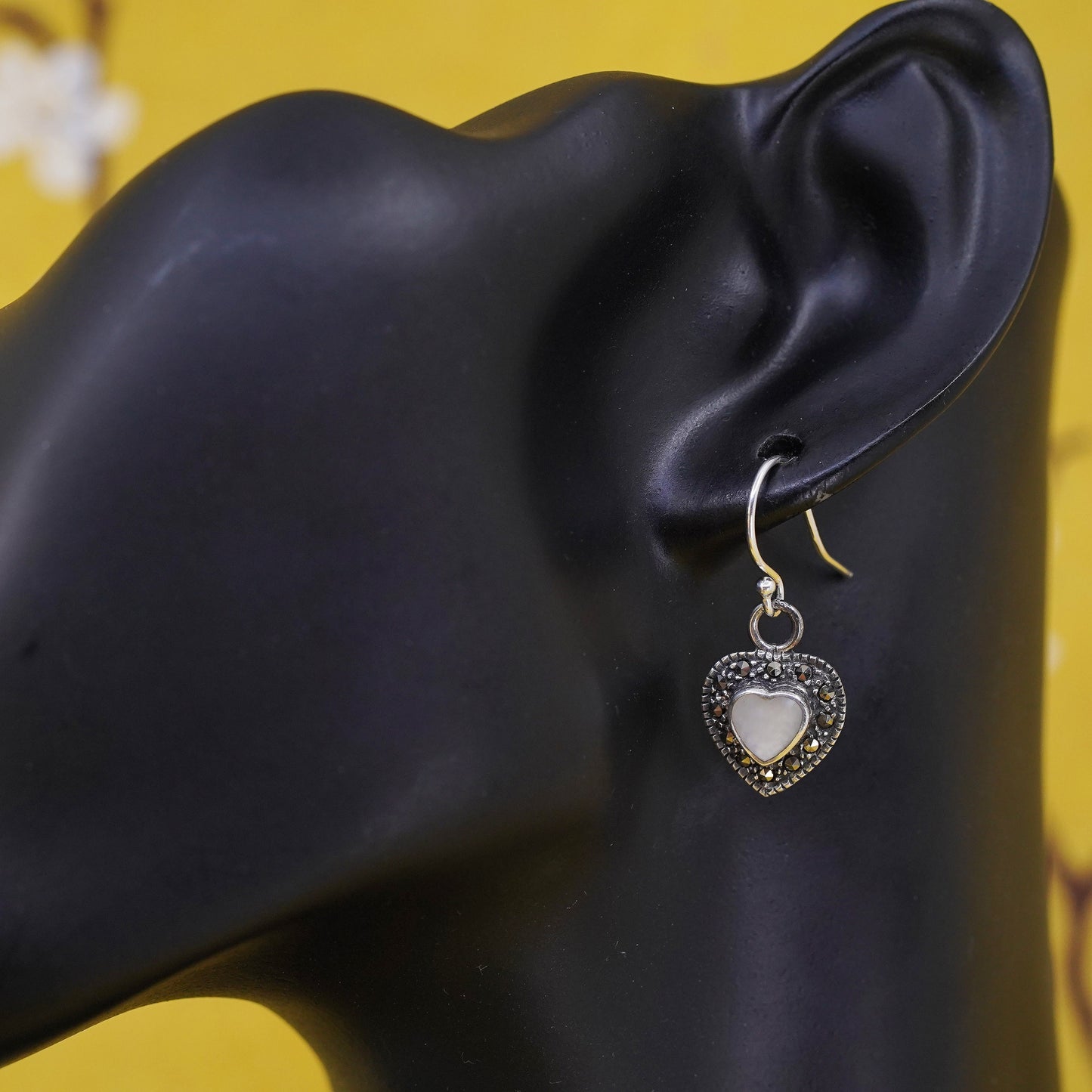 Sterling 925 silver handmade earrings with heart mother of pearl and Marcasite