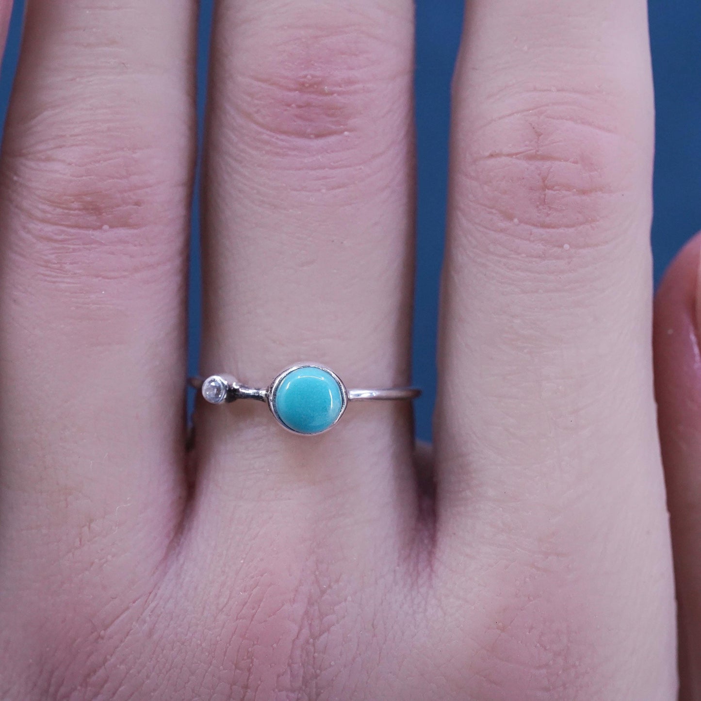 Size 7.5, Vintage Sterling silver handmade ring, 925 stackable band turquoise