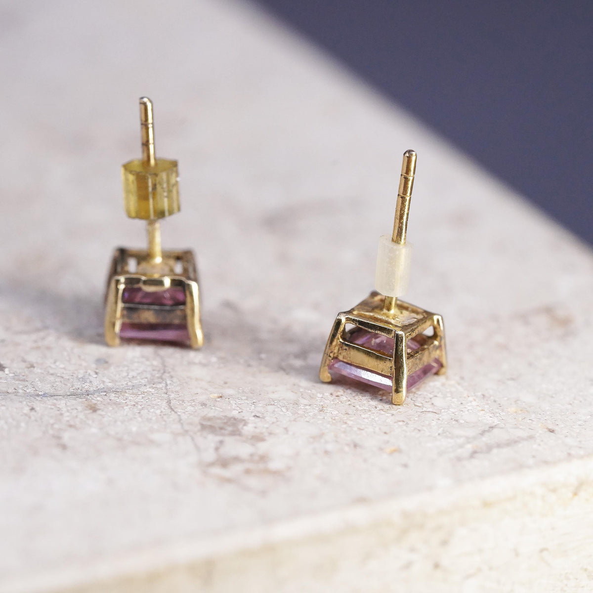 Vintage Sterling silver handmade earrings, 925 silver square studs pink crystal