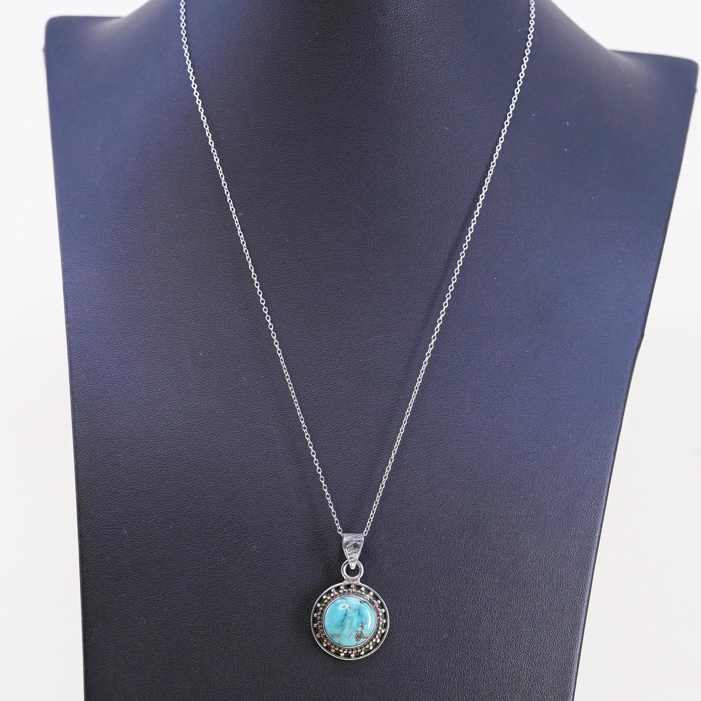 18", Southwestern Sterling silver necklace, 925 circle turquoise round pendant