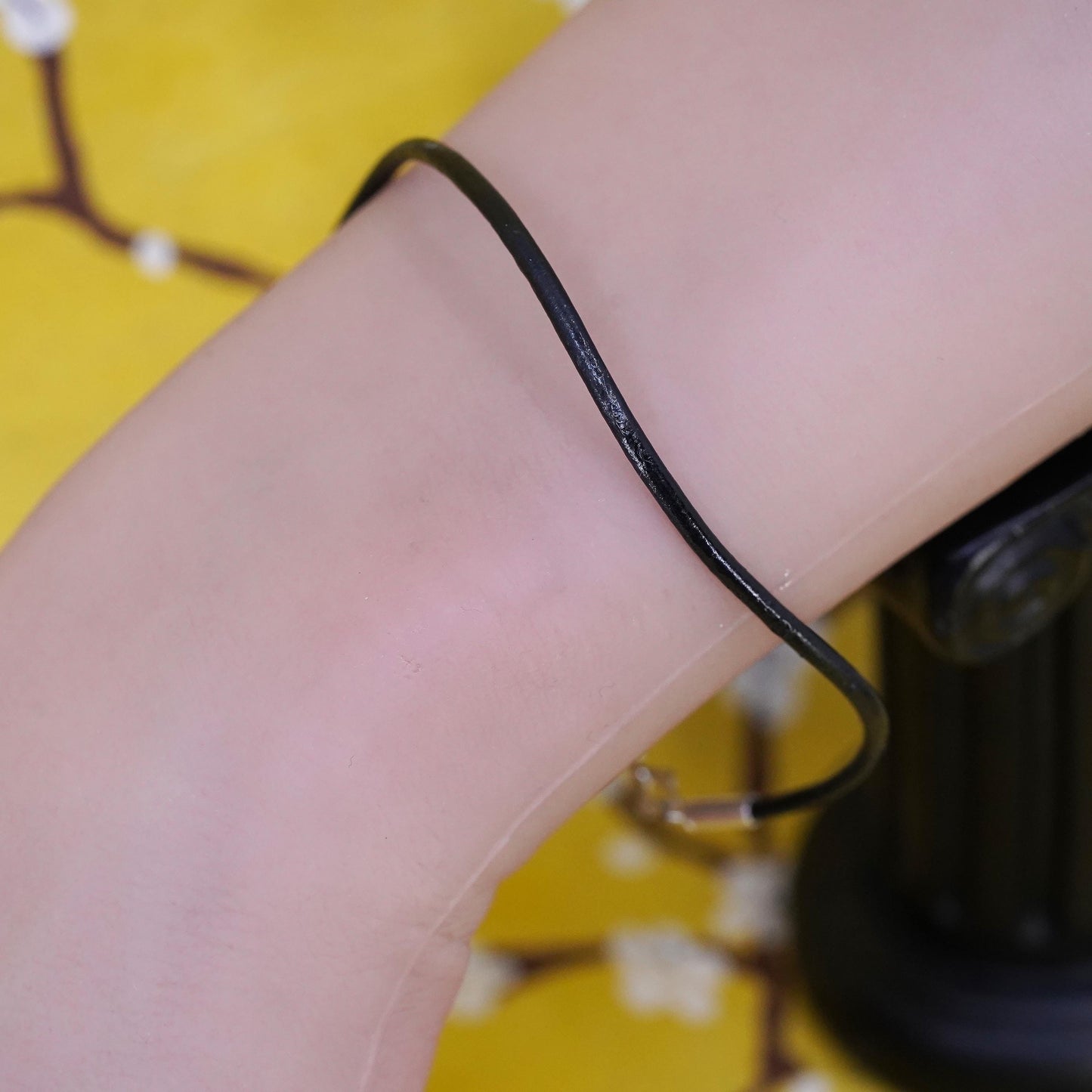 7.75”, vintage black leather bracelet with sterling 925 silver clasp