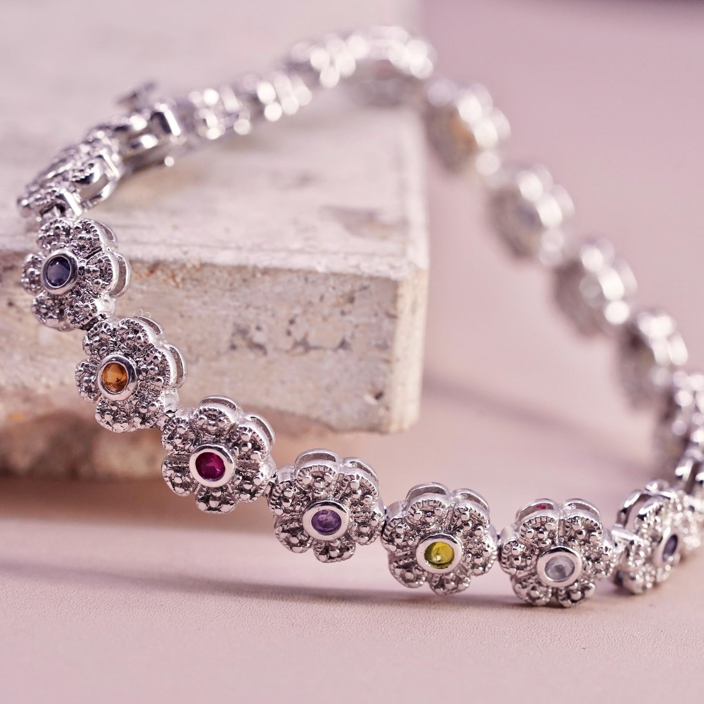 6.75”, vintage sterling 925 silver tennis bracelet with cluster cz flower