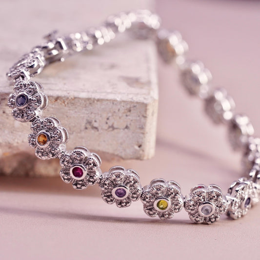 6.75”, vintage sterling 925 silver tennis bracelet with cluster cz flower