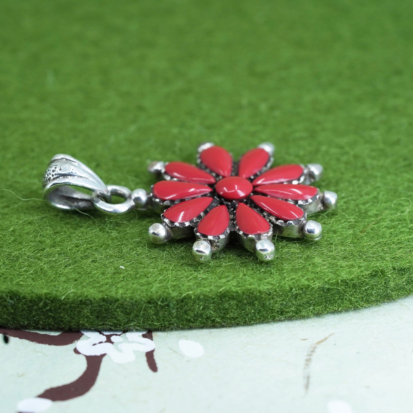 Native American sterling silver 925 handmade pendant with turquoise and coral