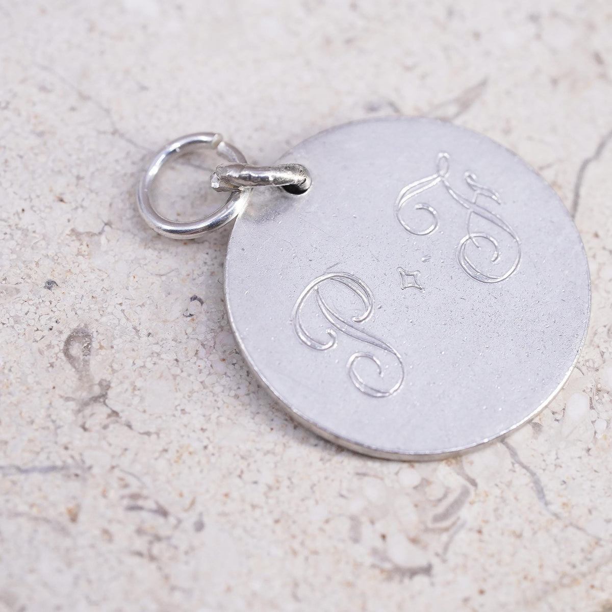 sterling silver pendant, 925 circle tag laser engraved initial "PF", monogram