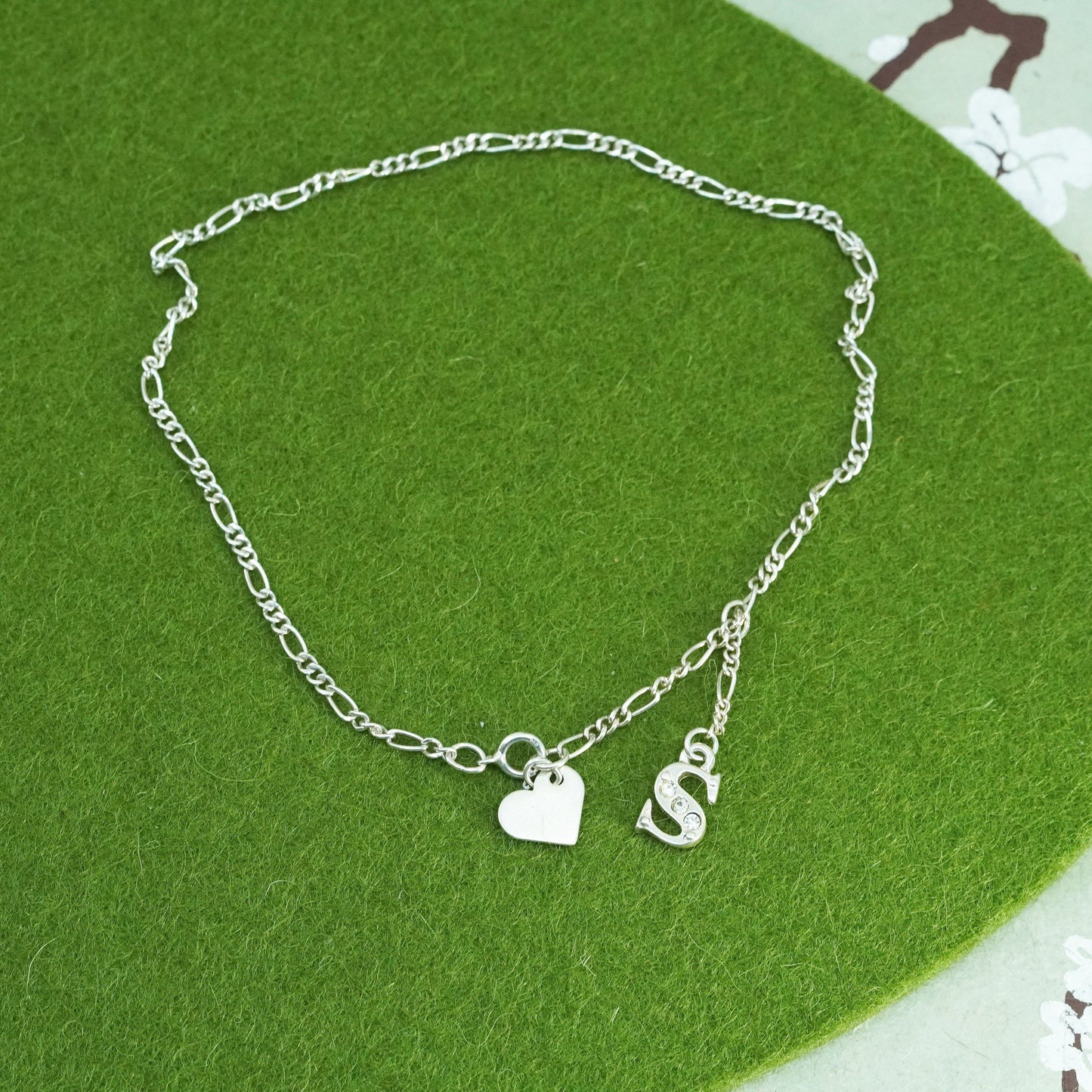 10”, sterling 925 silver bracelet, Italy figaro chain w/ heart Letter S charms
