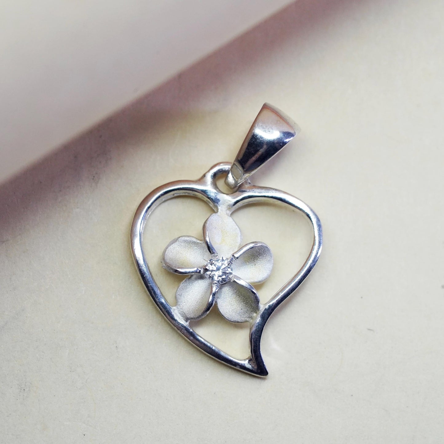 Vintage Sterling silver handmade pendant, 925 plumeria flower heart charm