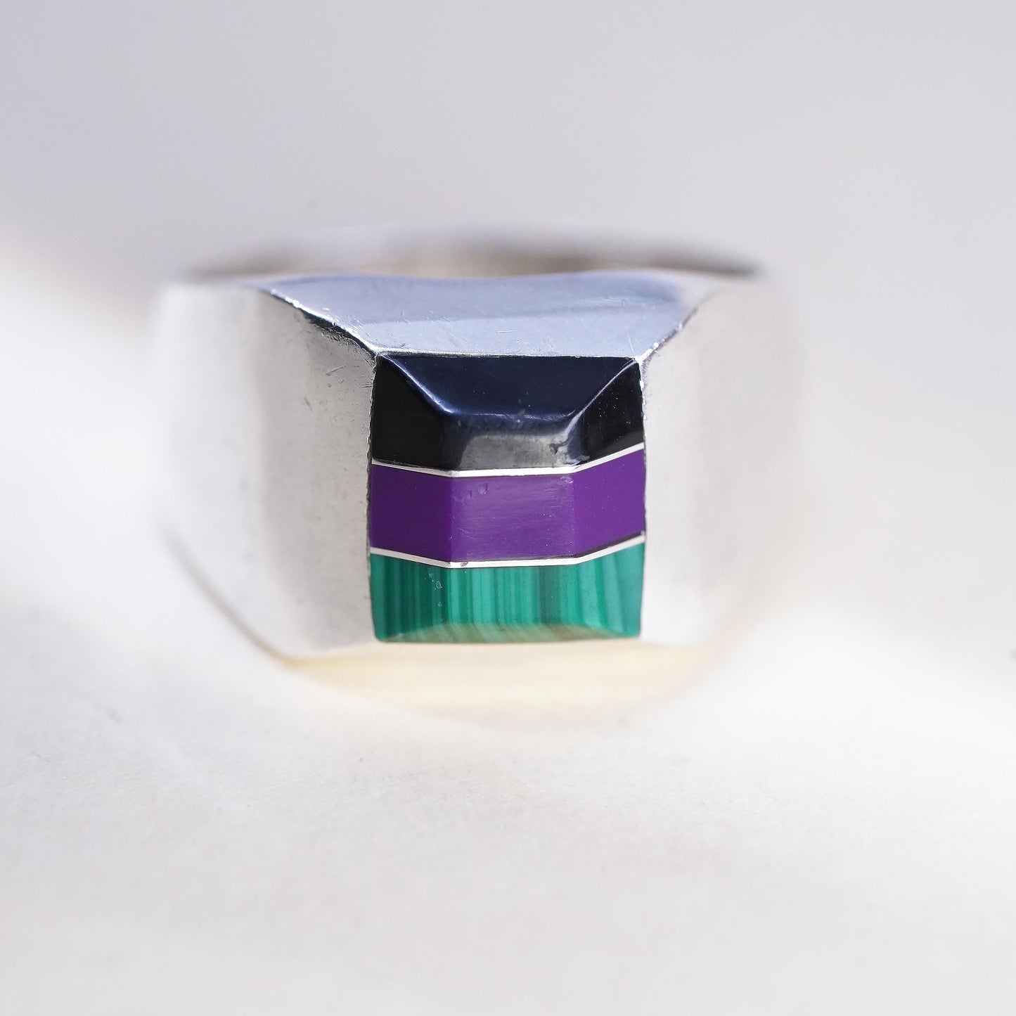 Size 9, Vintage Mexican Sterling Silver Inlay Ring, Black Onyx Malachite Signet