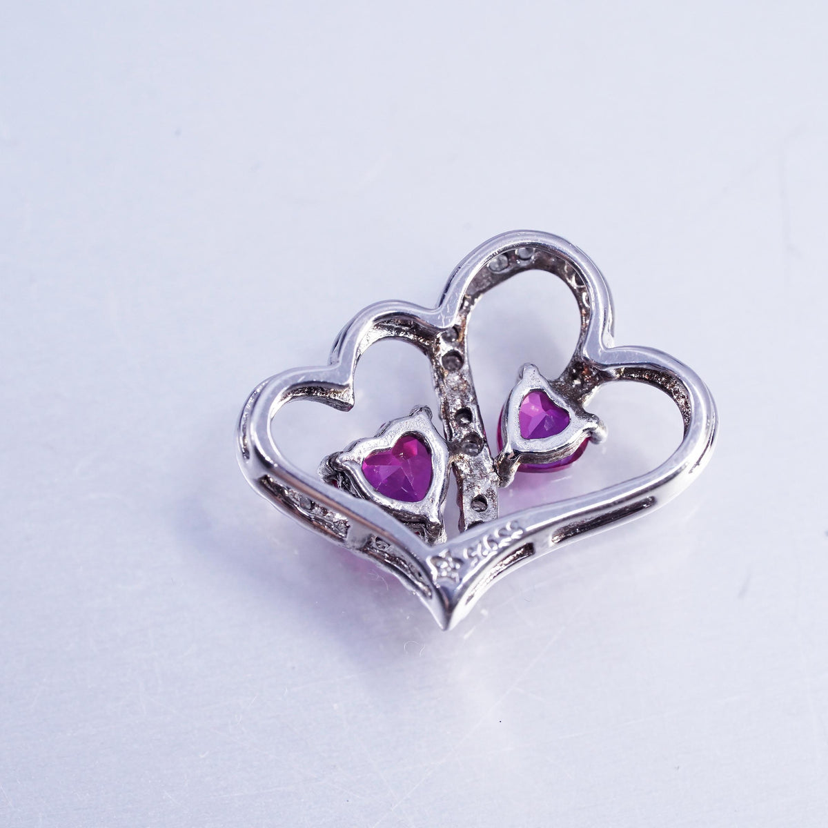 Vintage sterling 925 silver double heart pendant with diamond and ruby