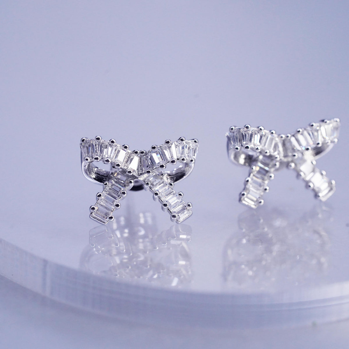 Vintage Sterling 925 silver handmade earrings, ribbon bow tie studs cluster Cz