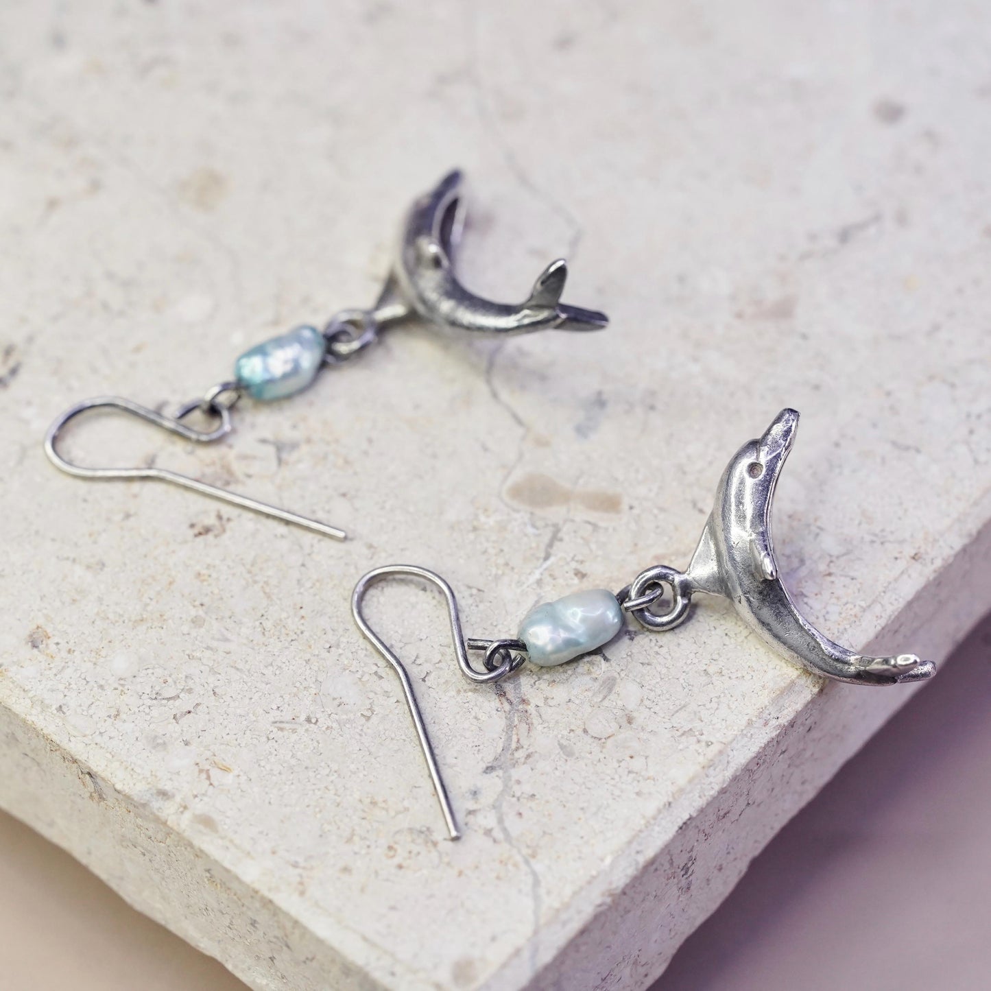 Vintage Sterling silver handmade earrings, 925 dolphin dangles blue pearl beads