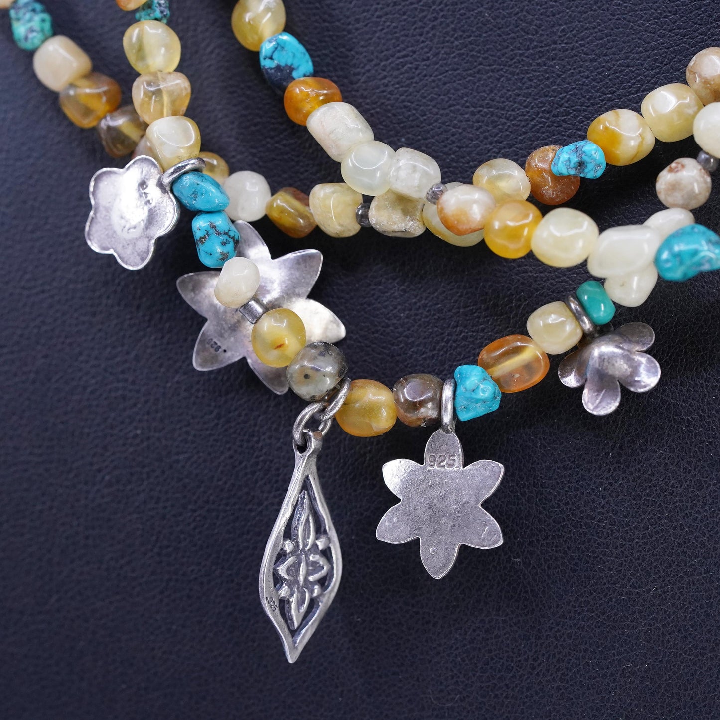 18" Tica Rosa Sterling 925 Silver Multi Strands multi gemstones Necklace flower