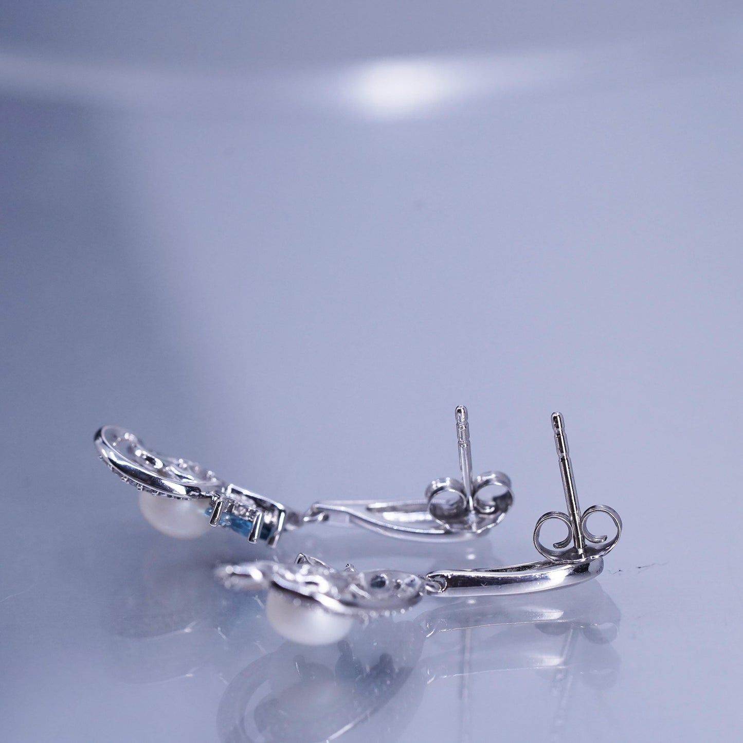 Vintage Sterling 925 silver handmade earrings with pearl topaz and diamonds