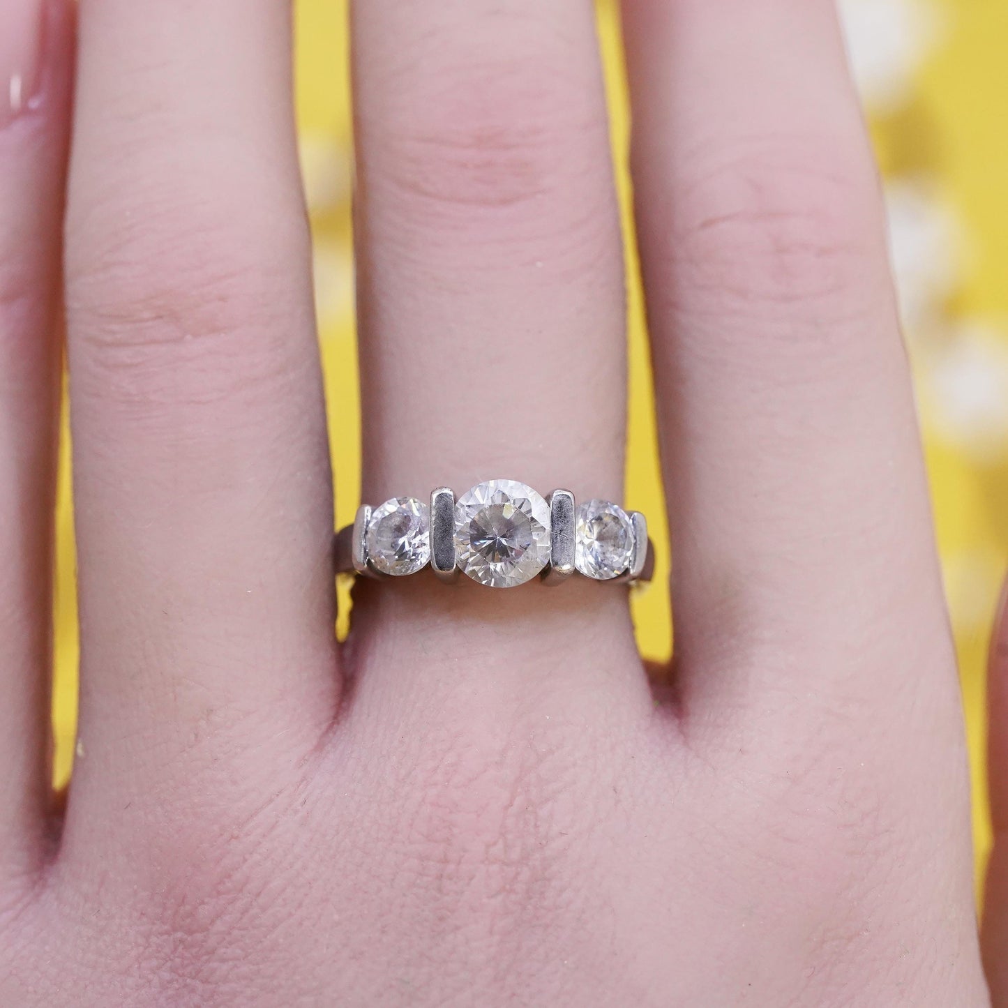 Size 7.5, vintage Sterling 925 silver anniversary ring with clear cz