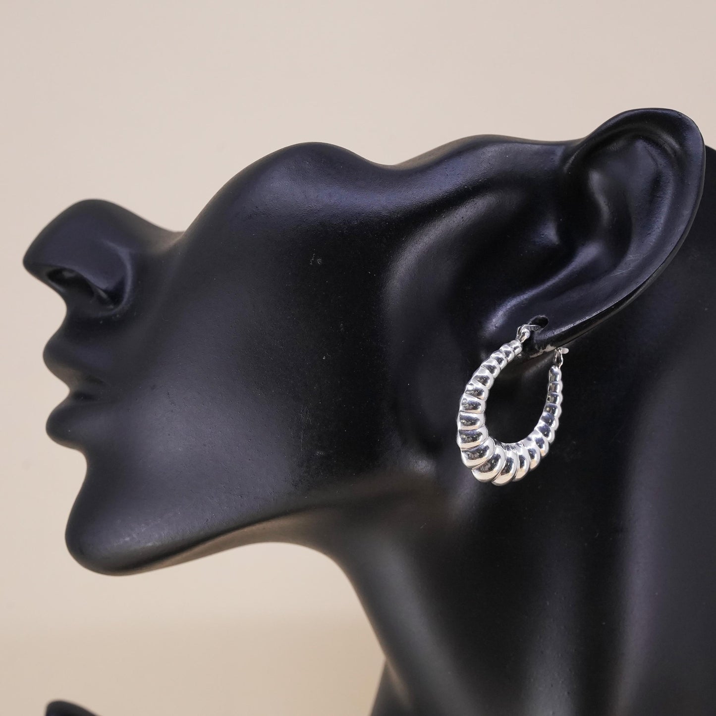1.25", Vintage sterling silver loop single earring, ribbed primitive hoop