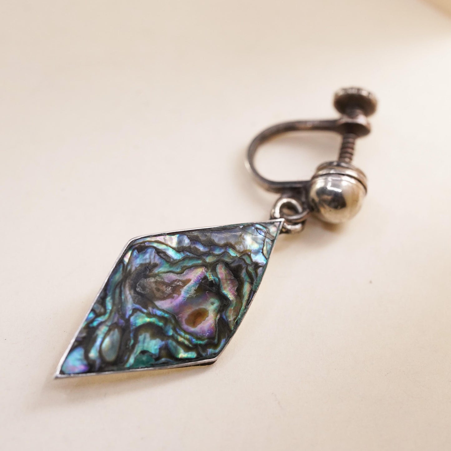Taxco Mexican sterling silver single earring, 925 screw back dangle abalone