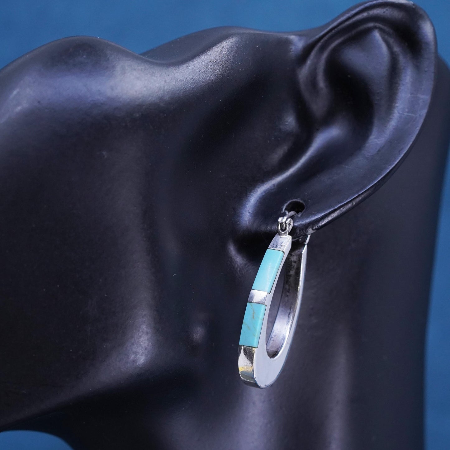 1.25", Mexican southwestern Sterling silver hoop earrings, 925 huggie turquoise
