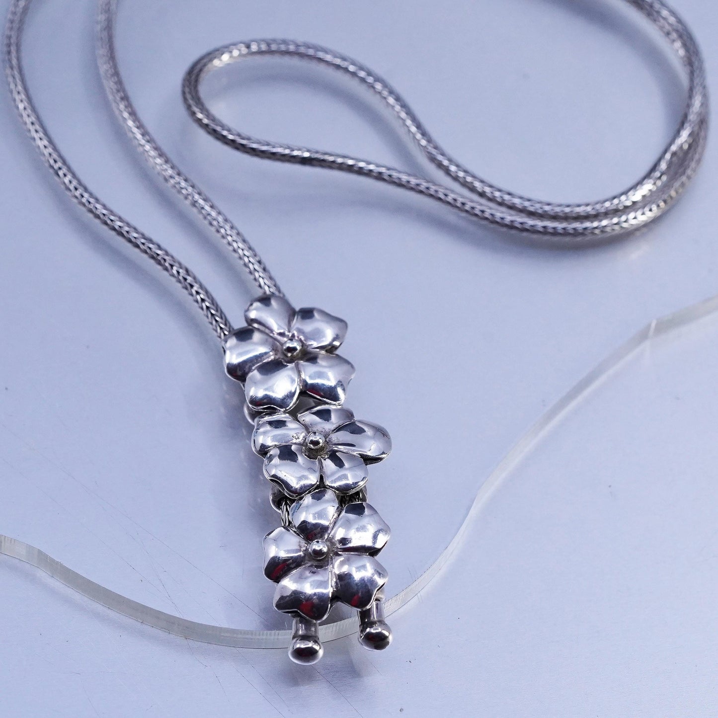 24” 3mm, vintage Sterling 925 silver wheat chain necklace flower slide pendants