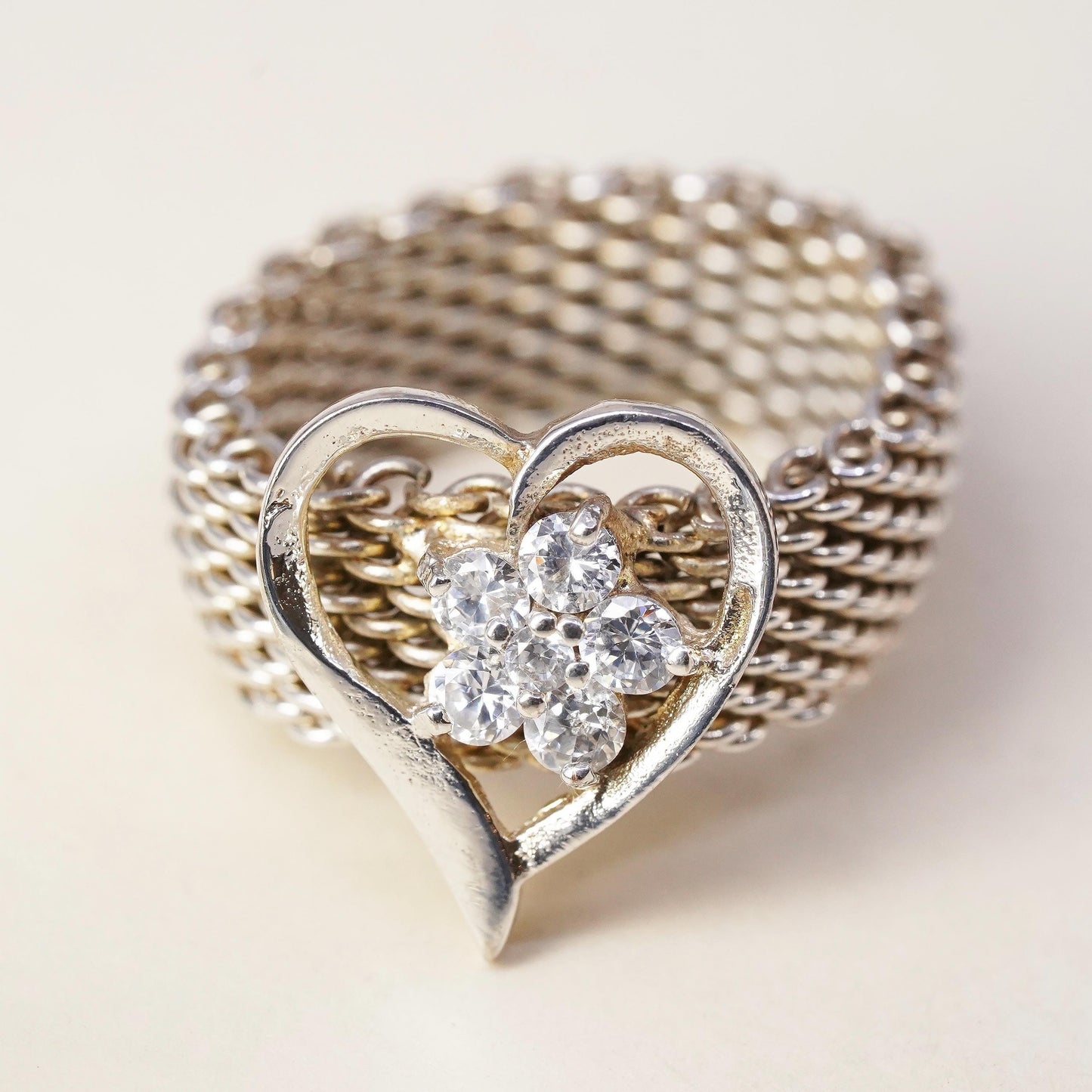 Size 8.25, Vintage sterling silver mesh chain ring, 925 band with heart and cz