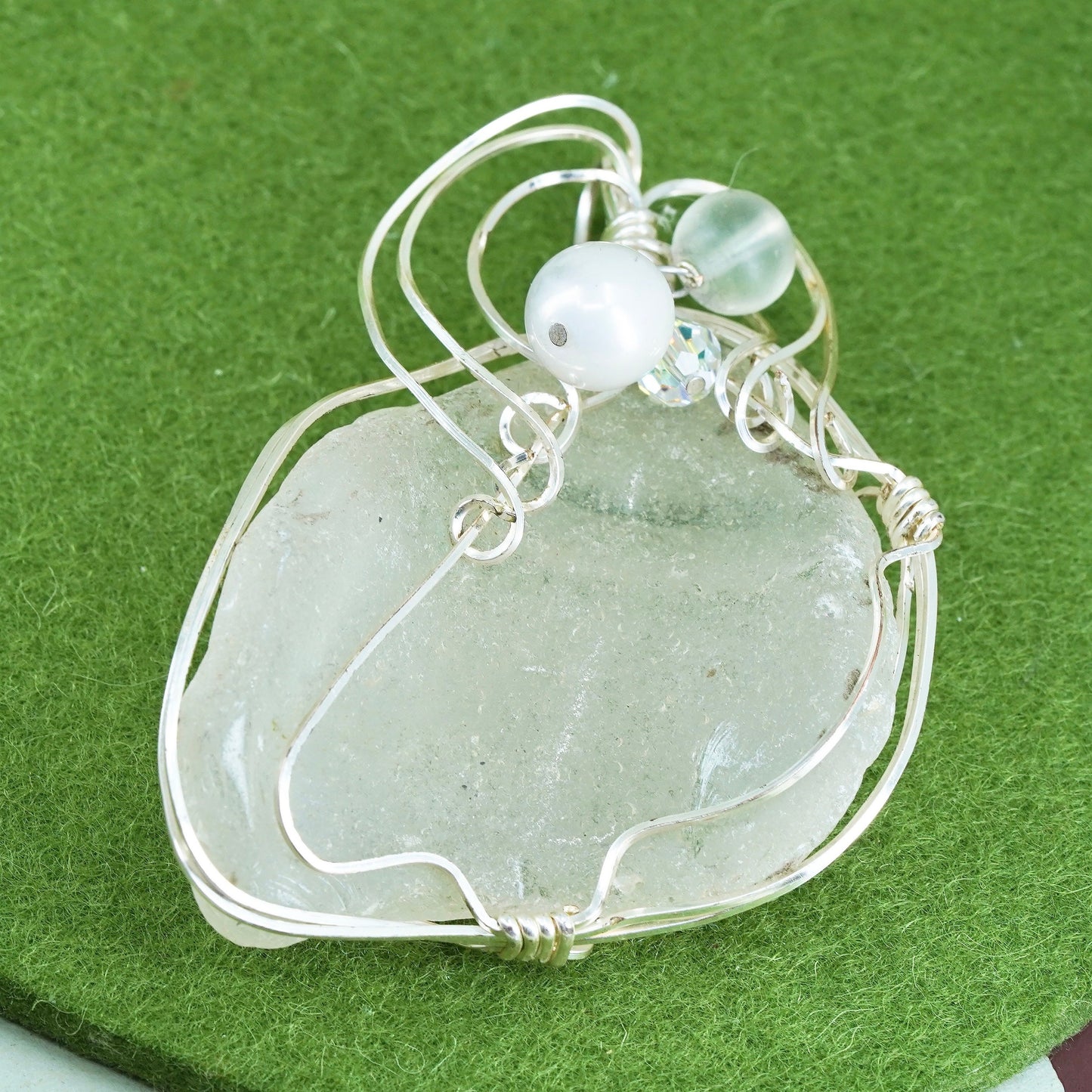 Vintage Sterling silver handmade pendant, 925 wired charm with sea washed glass