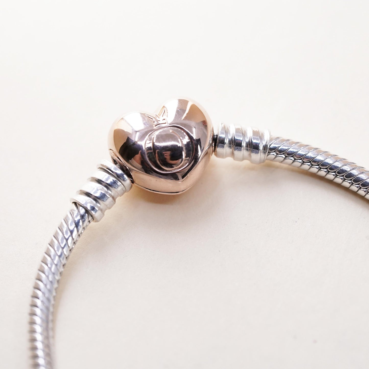 6.75” Pandora two tone sterling silver bracelet, 925 snake rose gold heart
