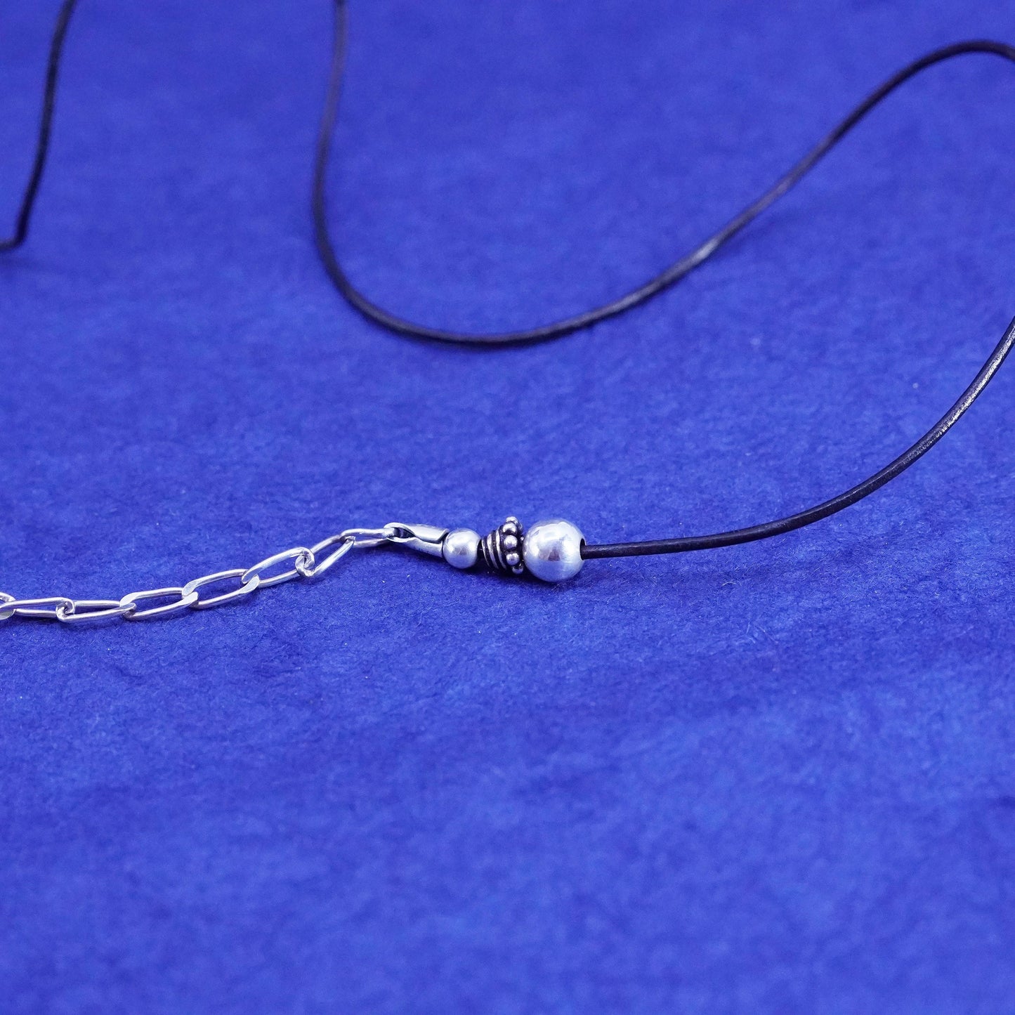 16+3”, vintage Sterling Silver clasp black Leather Necklace w/ extension chain