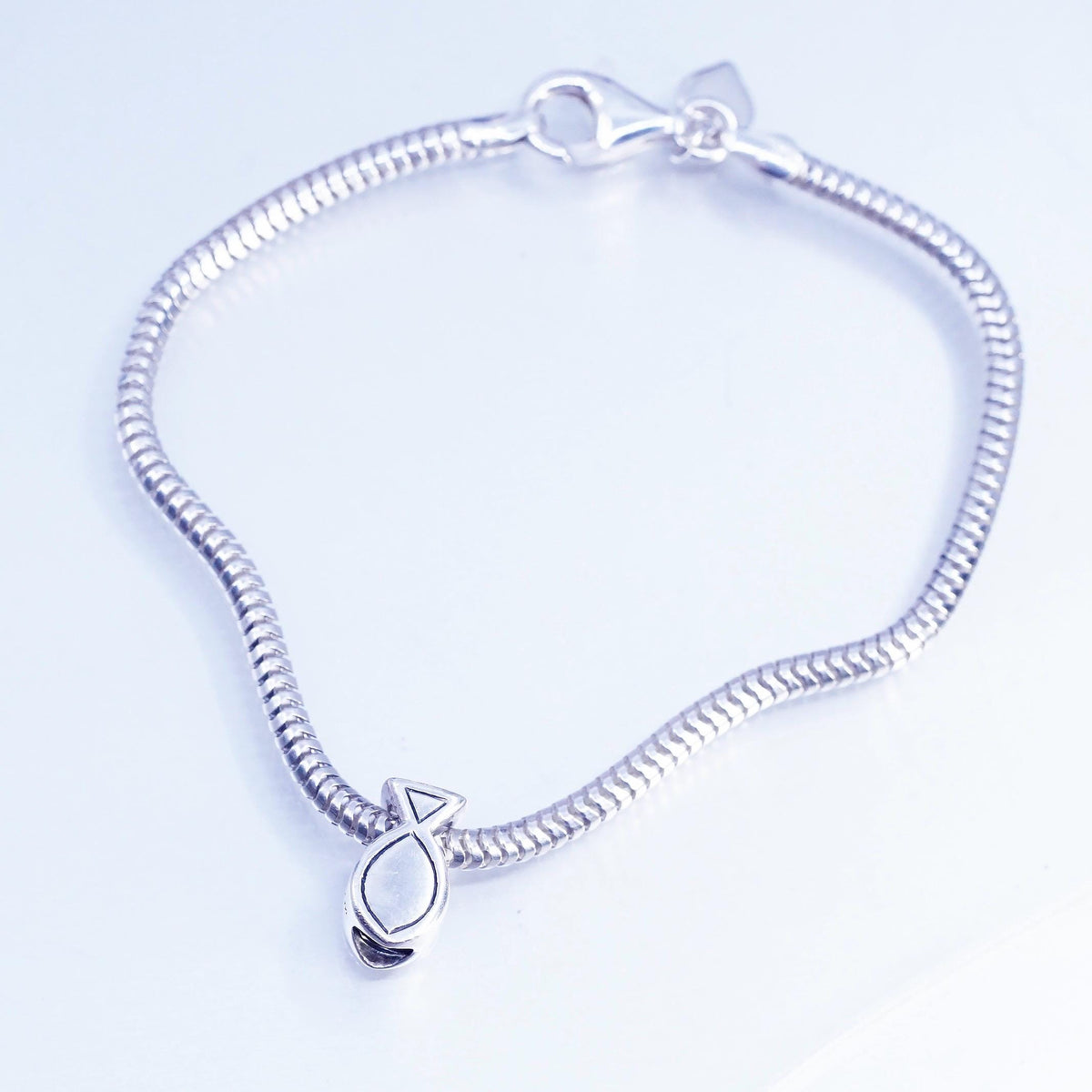 7.5" Michael Anthony Sterling 925 silver bracelet, bold snake chain fish charm