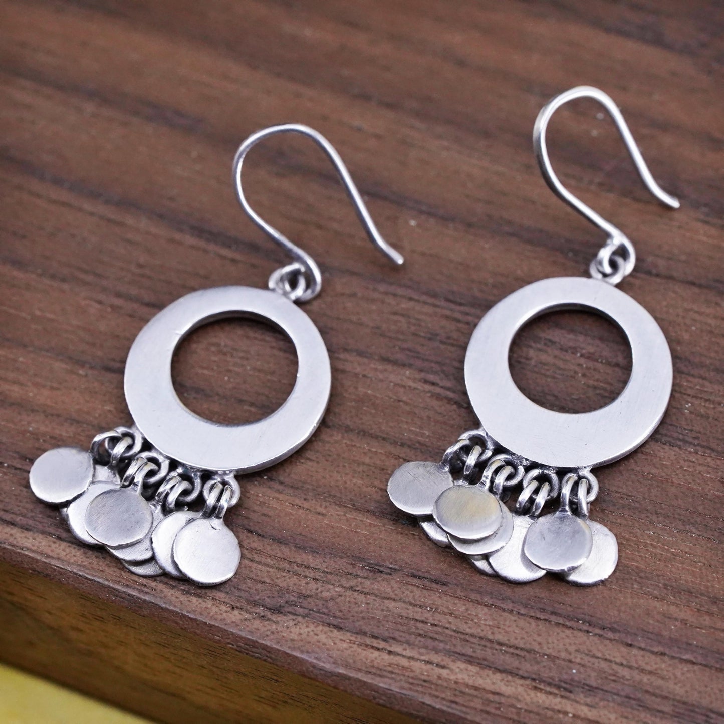 VTG matte Sterling silver handmade earrings, 925 circle dangle cluster discs