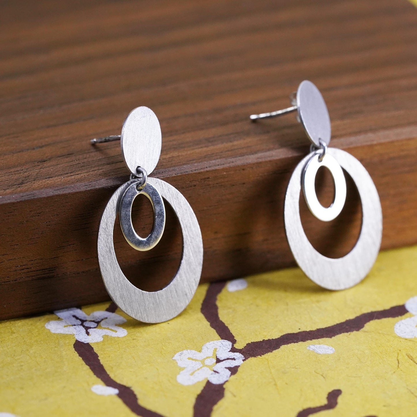 Vintage Sterling silver handmade earrings, matte 925 multi circles dangle