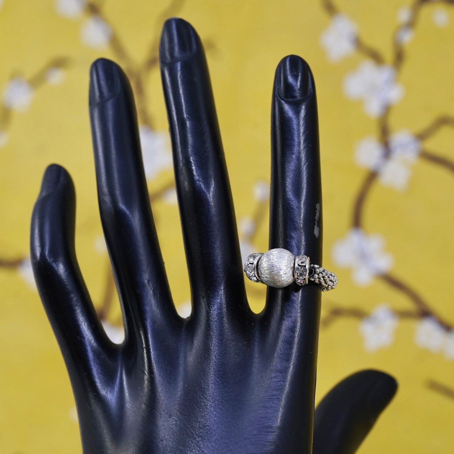 Size 5, vintage Sterling 925 silver handmade stretch beaded ring with cz