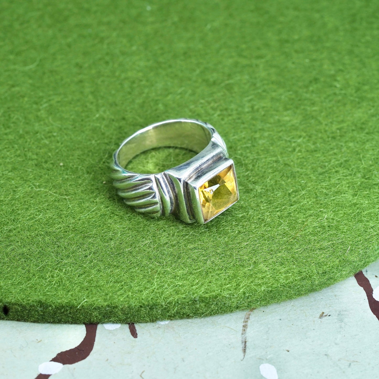 Size 6.5, vintage Sterling silver handmade ring, ribbed 925 band with citrine