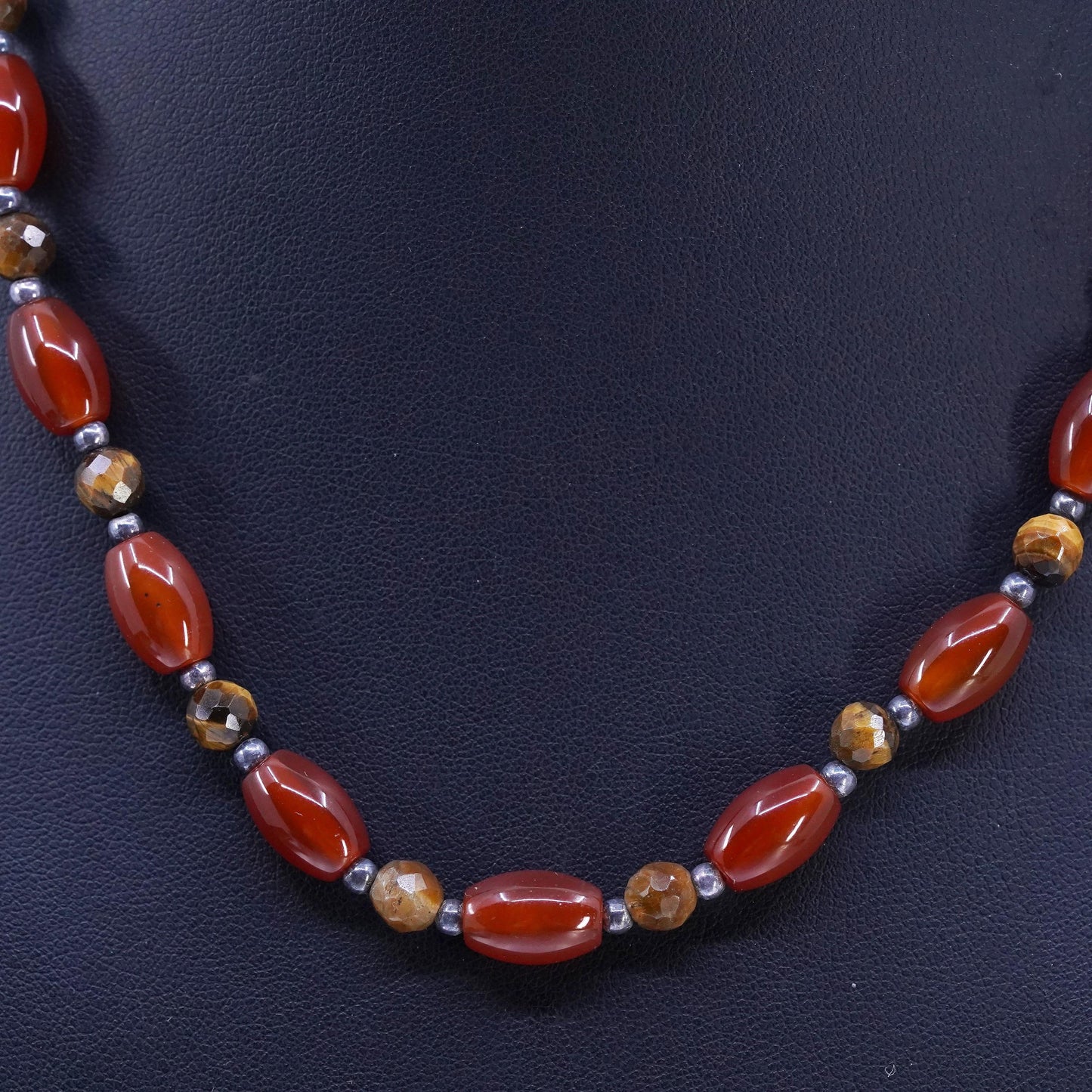 16+2", vintage Sterling 925 silver necklace w/ carnelian golden tiger eye beads