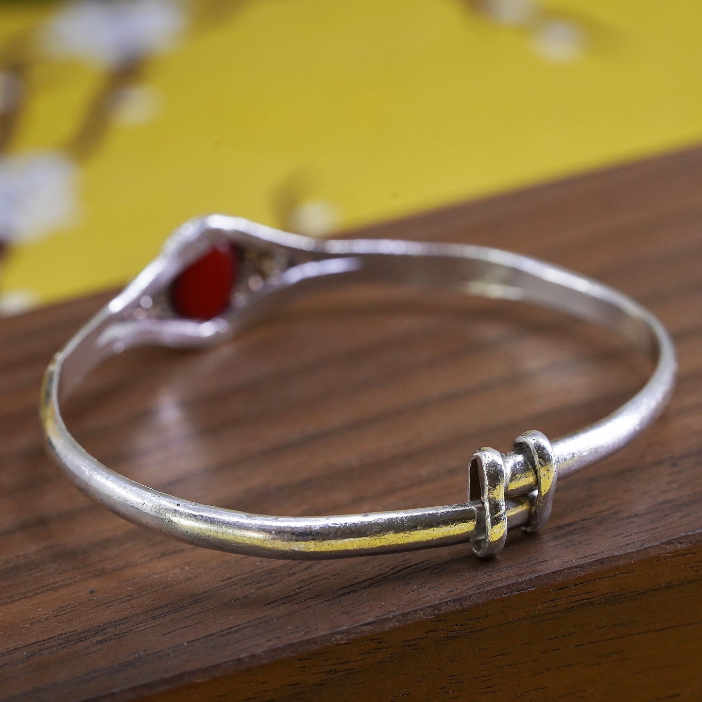 Vintage Sterling silver handmade bracelet, 925 baby bangle with carved cinnabar