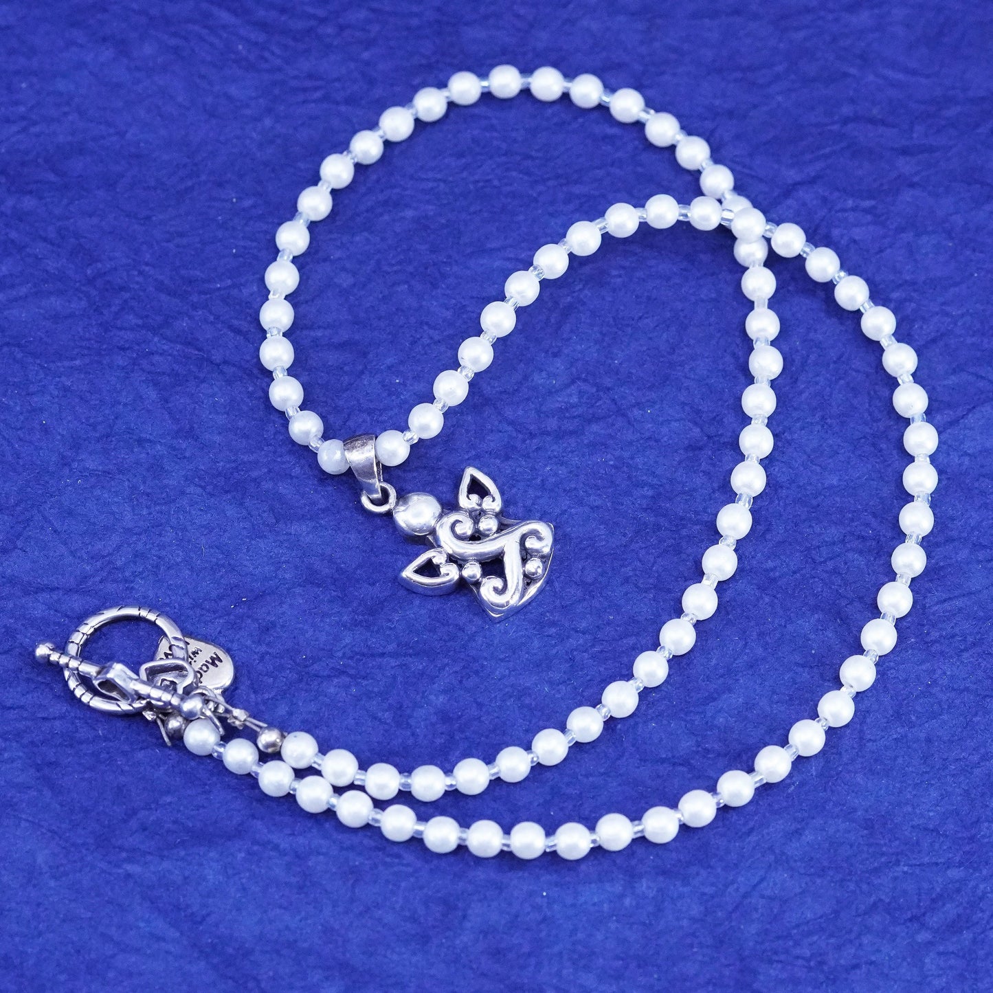 18”, vintage silver tone necklace, faux pearl beaded chain with filigree Angel