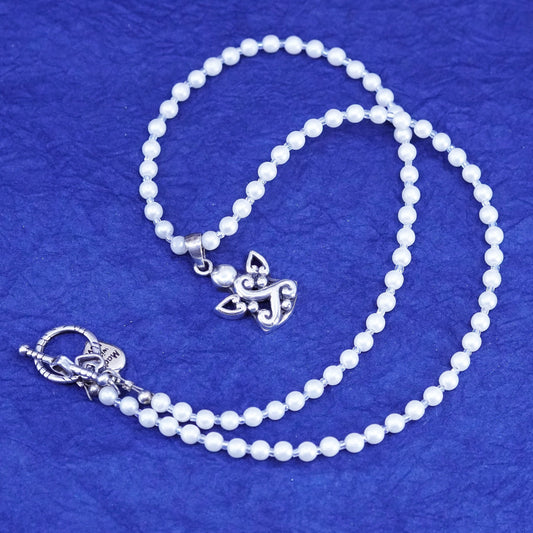 18”, vintage silver tone necklace, faux pearl beaded chain with filigree Angel