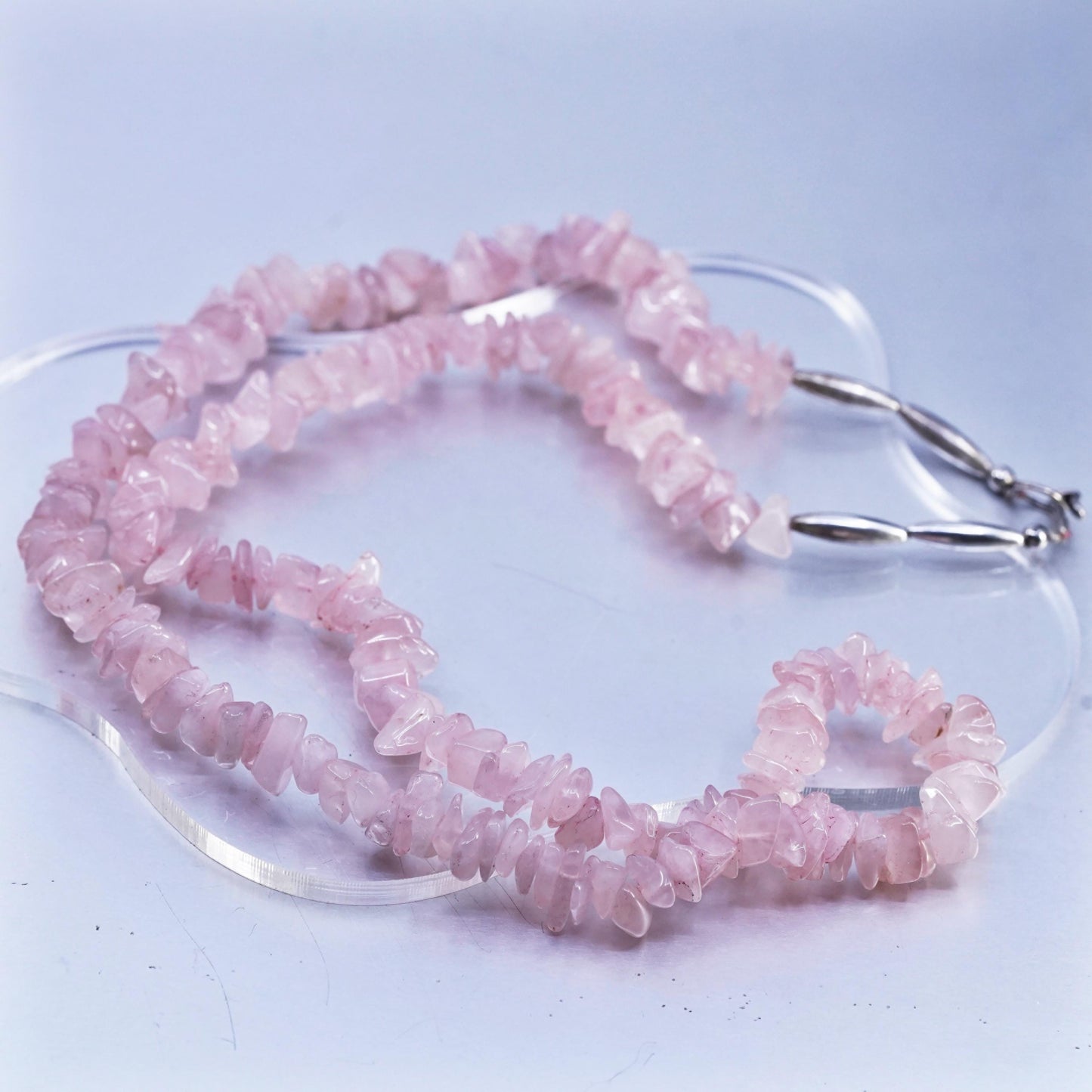 26" Vintage Sterling 925 silver necklace, Pink Quartz With Silver beads Detail