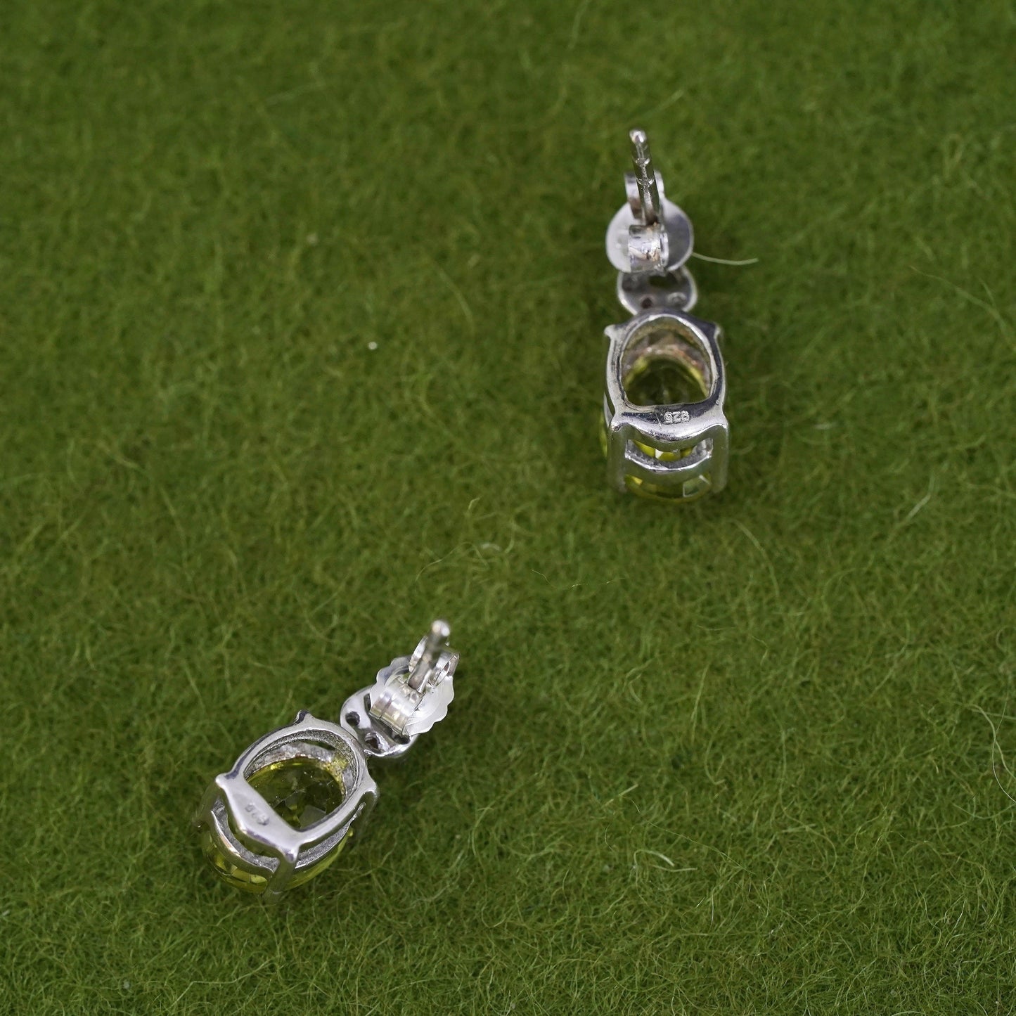 Vintage sterling 925 silver earrings w/ peridot and diamonds, minimalist studs
