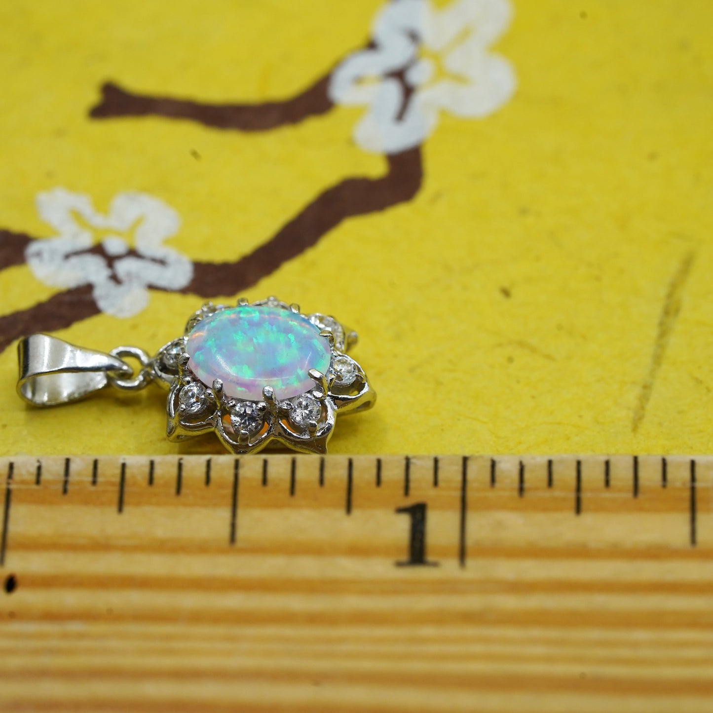 Vintage Sterling 925 silver handmade oval pendant with opal and cz