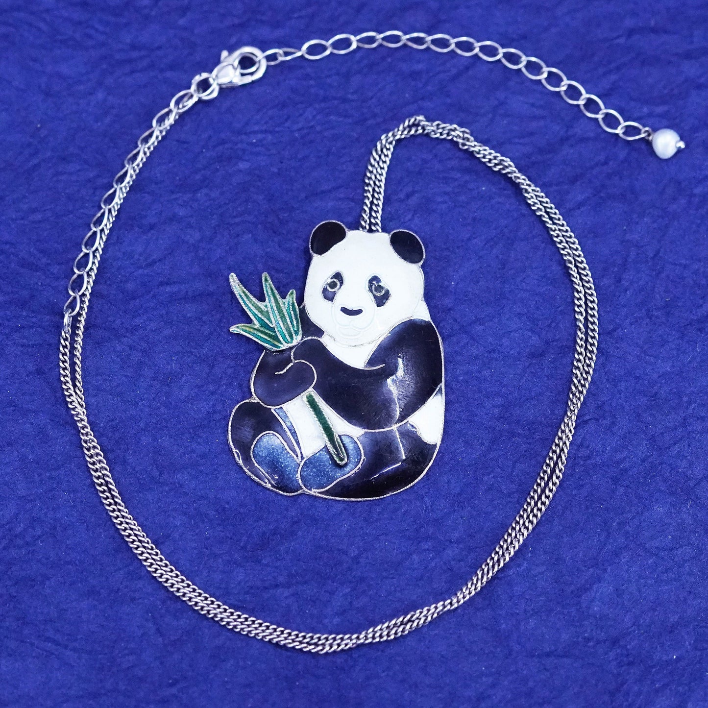 16+4”, sterling silver handmade necklace, 925 curb chain enamel panda pendant